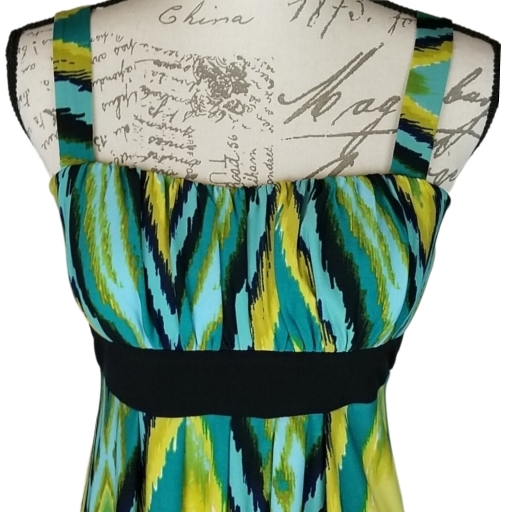 Carole Little Sateen Dress Green Blue Retro Groovy 70s Style Print Vintage, 8 - Picture 2 of 7